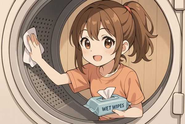 건조기 내부를 물티슈로 닦아 청소중인 여자