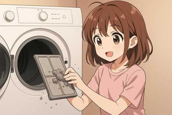 건조기 내부 필터의 먼지를 닦고 있는 여자